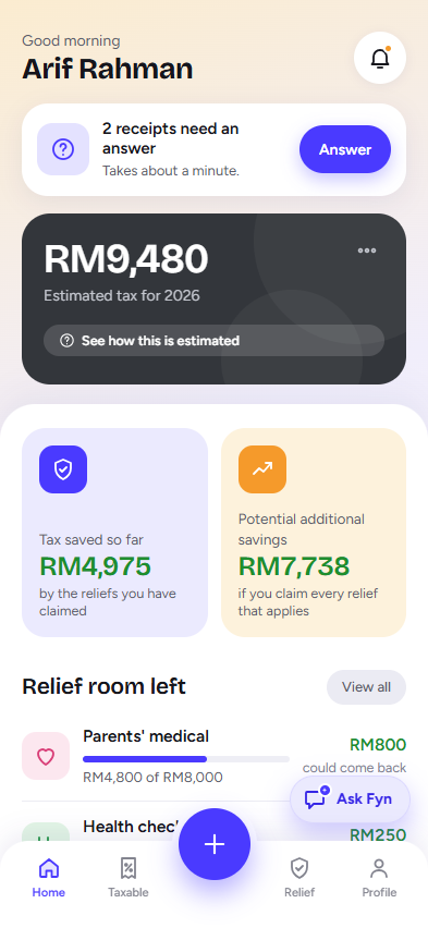 MyHasil home screen showing estimated tax and reliefs claimed